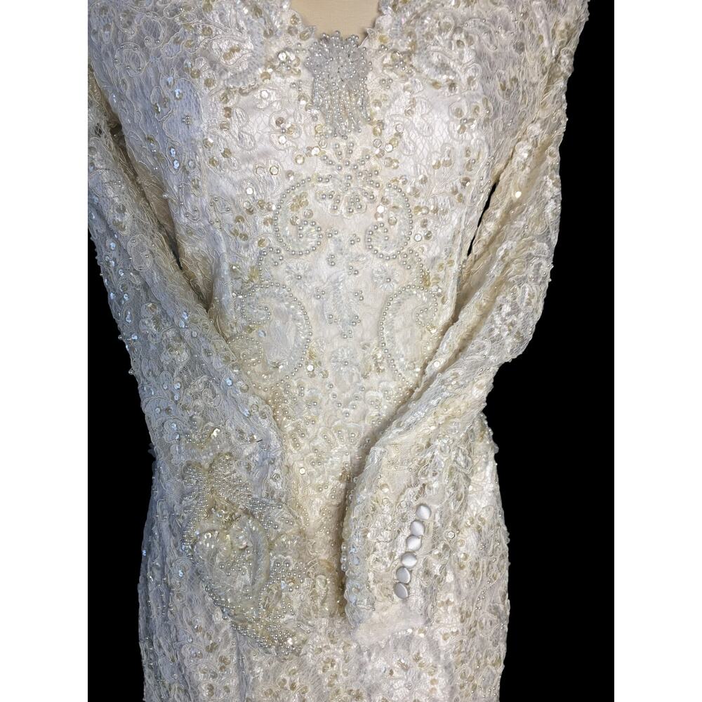 Vintage Wedding Gown Beaded Detachable Train Size 14 Headpiece - Picture 6 of 11